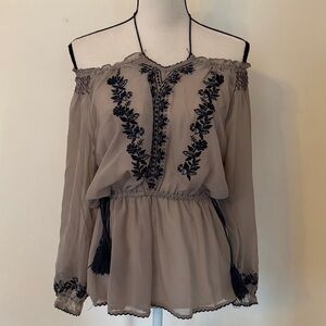 Embroidered Women's Top with Tassles in Tan and Navy